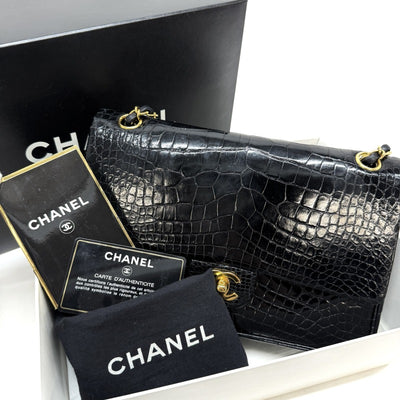 シャネル CHANEL マトラッセ25 ダブルフラップ Wフラップ ダブルチェーン Wチェーン バッグ ショルダーバッグ クロコダイル ブラック 黒 ゴールド金具