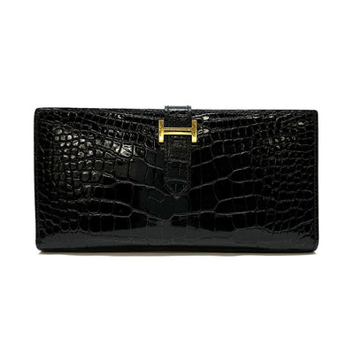 HERMES HERMES Bearn classique Bearn Wallet Long Wallet Long Wallet Alligator Crocodile Noir Black Gold Metal Exotic