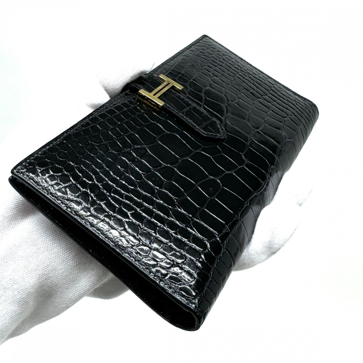 HERMES HERMES Bearn classique Bearn Wallet Long Wallet Long Wallet Alligator Crocodile Noir Black Gold Metal Exotic