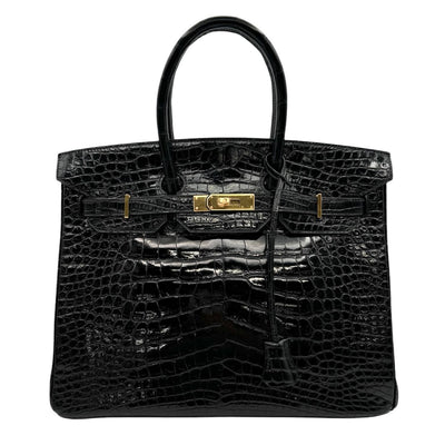 HERMES 헤르메스 Birkin 35 Birkin 35 가방, 토트 백, 악어, 악어, 느와르, 검은 색, 금 피팅