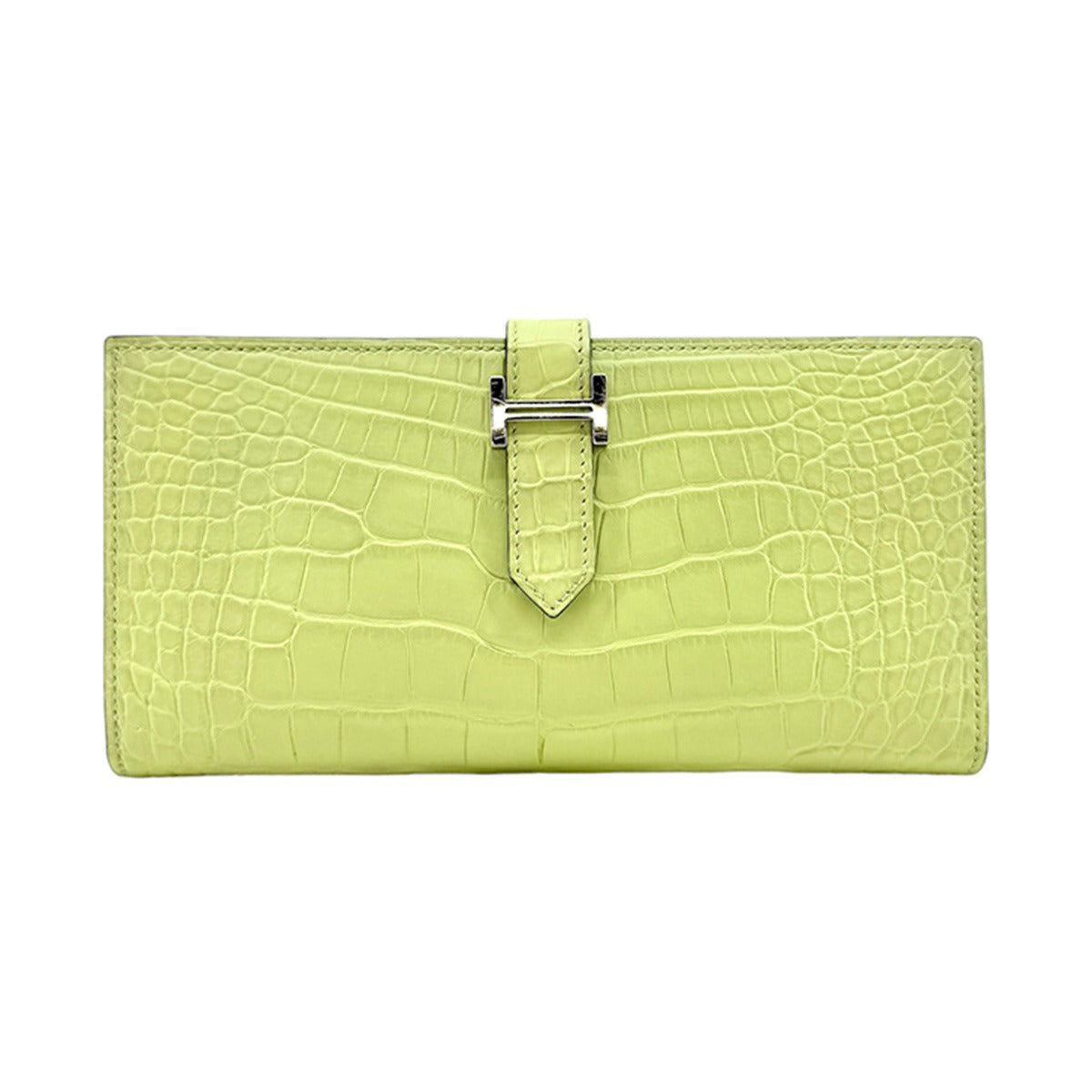 HERMES HERMES B?arn soufflet Bearn soufflet Wallet Long Wallet Long Wallet Alligator Mat Crocodile Jaune Bourghon Yellow Green Yellow Silver Metal Fitting Exotic