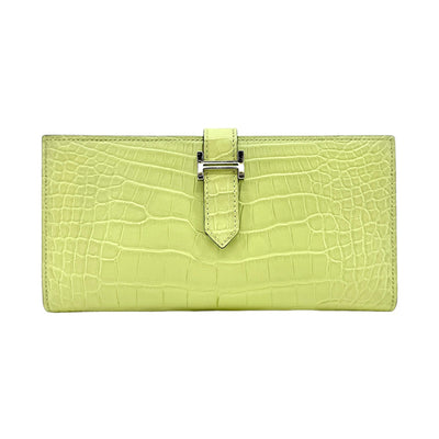 HERMES HERMES B?arn soufflet Bearn soufflet Wallet Long Wallet Long Wallet Alligator Mat Crocodile Jaune Bourghon Yellow Green Yellow Silver Metal Fitting Exotic