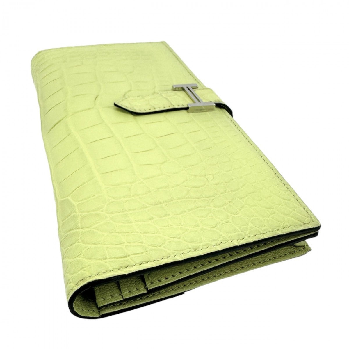 HERMES HERMES B?arn soufflet Bearn soufflet Wallet Long Wallet Long Wallet Alligator Mat Crocodile Jaune Bourghon Yellow Green Yellow Silver Metal Fitting Exotic