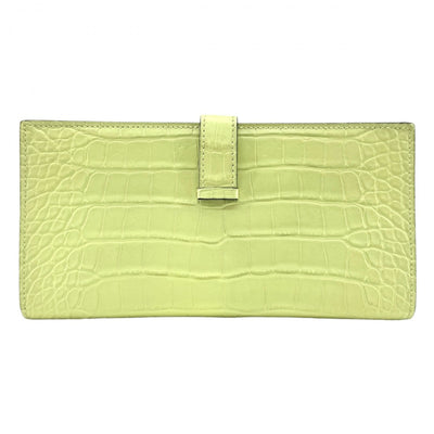 HERMES HERMES B?arn soufflet Bearn soufflet Wallet Long Wallet Long Wallet Alligator Mat Crocodile Jaune Bourghon Yellow Green Yellow Silver Metal Fitting Exotic