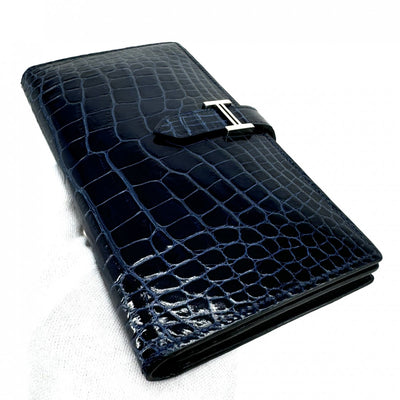 HERMES 爱马仕 B?arn soufflet Bearn soufflet 钱包长钱包长钱包鳄鱼鳄鱼蓝色海洋蓝色海军蓝色海军银色金属配件异国