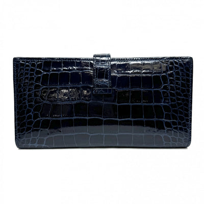 HERMES 爱马仕 B?arn soufflet Bearn soufflet 钱包长钱包长钱包鳄鱼鳄鱼蓝色海洋蓝色海军蓝色海军银色金属配件异国