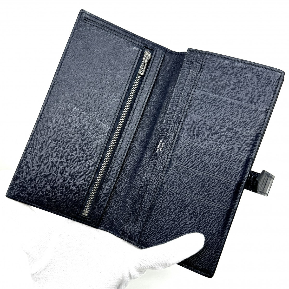 HERMES 爱马仕 B?arn soufflet Bearn soufflet 钱包长钱包长钱包鳄鱼鳄鱼蓝色海洋蓝色海军蓝色海军银色金属配件异国