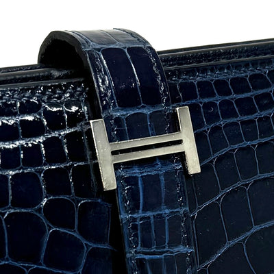 HERMES 爱马仕 B?arn soufflet Bearn soufflet 钱包长钱包长钱包鳄鱼鳄鱼蓝色海洋蓝色海军蓝色海军银色金属配件异国