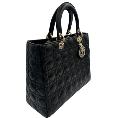 CHRISTIAN DIOR 기독교 디올 Lady dior large LADY DIOR Cannage bag 가방, 토트 백, 램스 피부, 검은 색, 골드 피팅