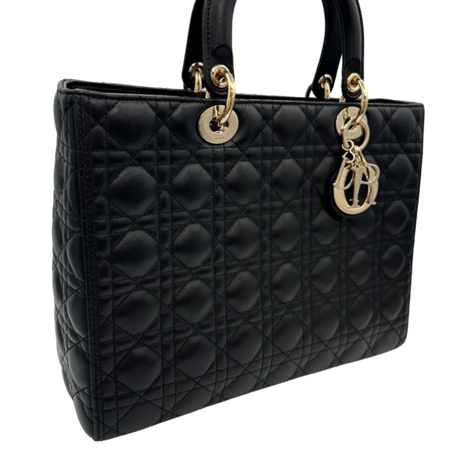 CHRISTIAN DIOR 기독교 디올 Lady dior large LADY DIOR Cannage bag 가방, 토트 백, 램스 피부, 검은 색, 골드 피팅