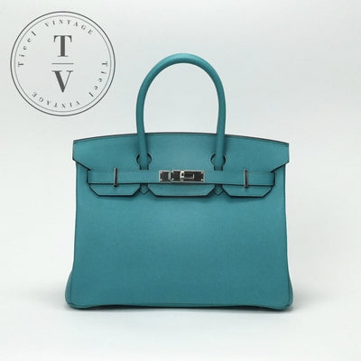 HERMES 헤르메스 Birkin 30 Birkin 30 가방 토트 백 엡슨 블루 파란색 블루 블루 그린 실버 메탈 피팅 Vaugh Epson