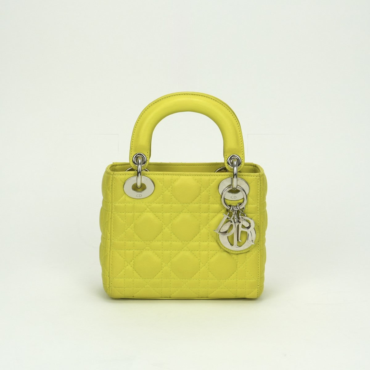 クリスチャンディオール CHRISTIAN DIOR レディディオール スモール LADY DIOR カナージュバッグ ミニ バッグ トートバッグ ショルダーバッグ ラムスキン イエロー Yellow シルバー金具 スモール
