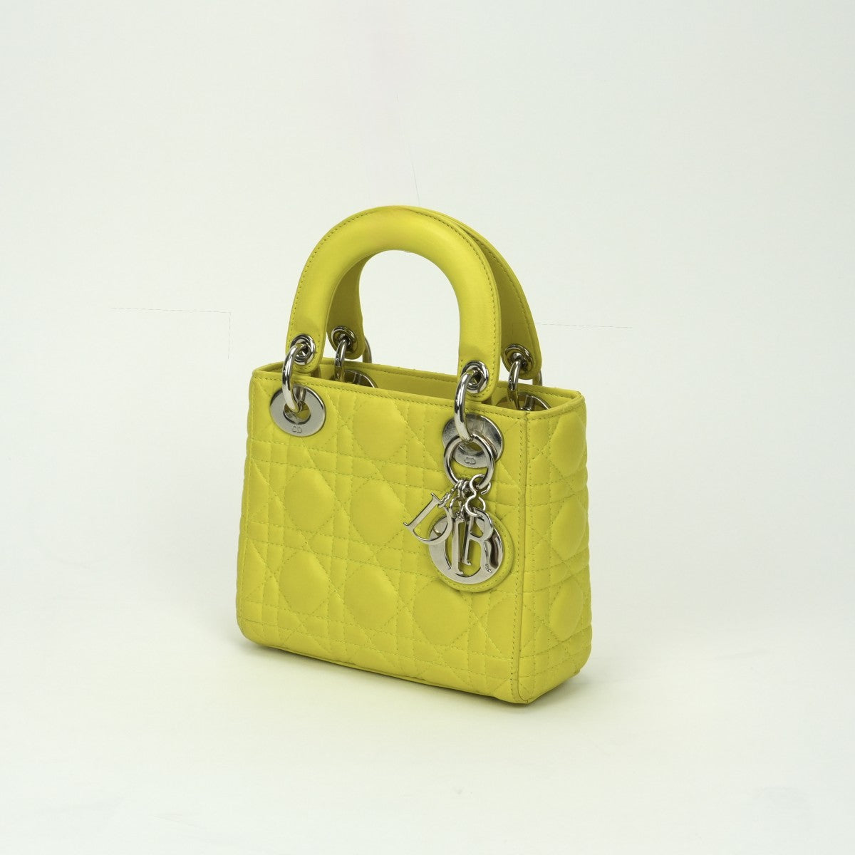 クリスチャンディオール CHRISTIAN DIOR レディディオール スモール LADY DIOR カナージュバッグ ミニ バッグ トートバッグ ショルダーバッグ ラムスキン イエロー Yellow シルバー金具 スモール