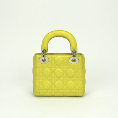 クリスチャンディオール CHRISTIAN DIOR レディディオール スモール LADY DIOR カナージュバッグ ミニ バッグ トートバッグ ショルダーバッグ ラムスキン イエロー Yellow シルバー金具 スモール