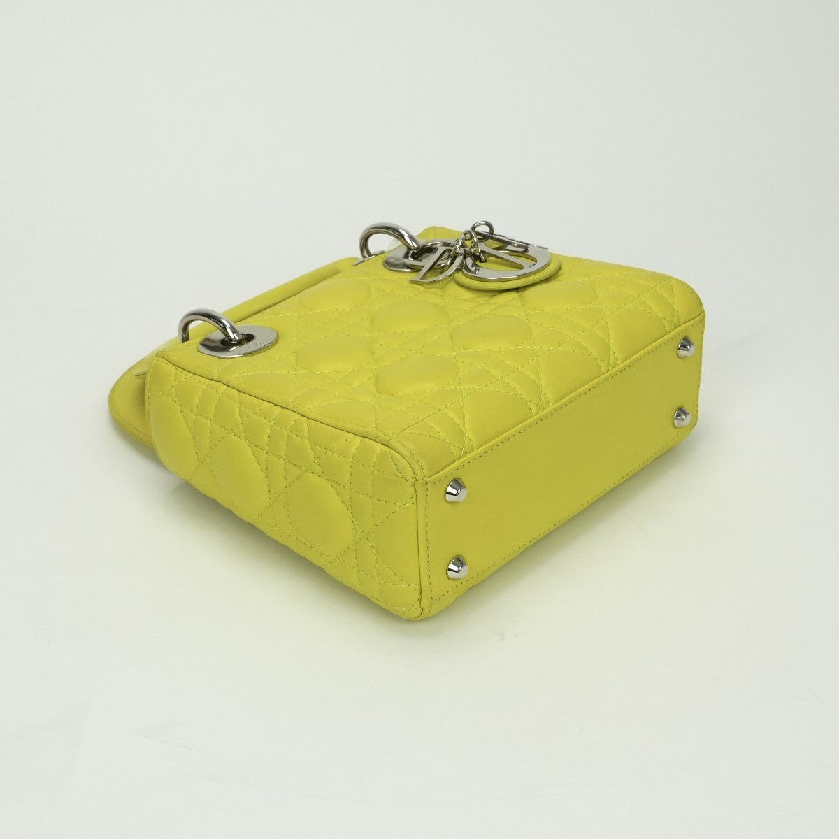 クリスチャンディオール CHRISTIAN DIOR レディディオール スモール LADY DIOR カナージュバッグ ミニ バッグ トートバッグ ショルダーバッグ ラムスキン イエロー Yellow シルバー金具 スモール