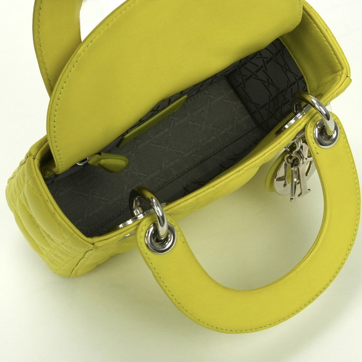 クリスチャンディオール CHRISTIAN DIOR レディディオール スモール LADY DIOR カナージュバッグ ミニ バッグ トートバッグ ショルダーバッグ ラムスキン イエロー Yellow シルバー金具 スモール