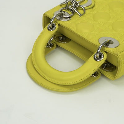 クリスチャンディオール CHRISTIAN DIOR レディディオール スモール LADY DIOR カナージュバッグ ミニ バッグ トートバッグ ショルダーバッグ ラムスキン イエロー Yellow シルバー金具 スモール