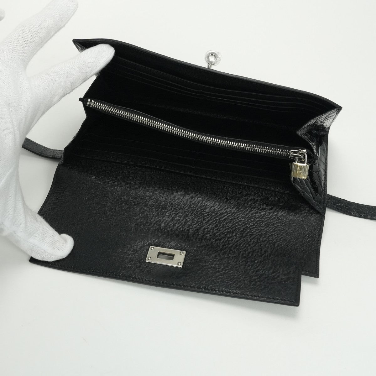 エルメス HERMES ケリーウォレット ケリーウォレットロング 財布 長財布 ロングウォレット アリゲーター クロコダイル ノワール Noir ブラック Black 黒 シルバー金具