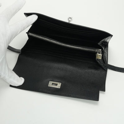 エルメス HERMES ケリーウォレット ケリーウォレットロング 財布 長財布 ロングウォレット アリゲーター クロコダイル ノワール Noir ブラック Black 黒 シルバー金具