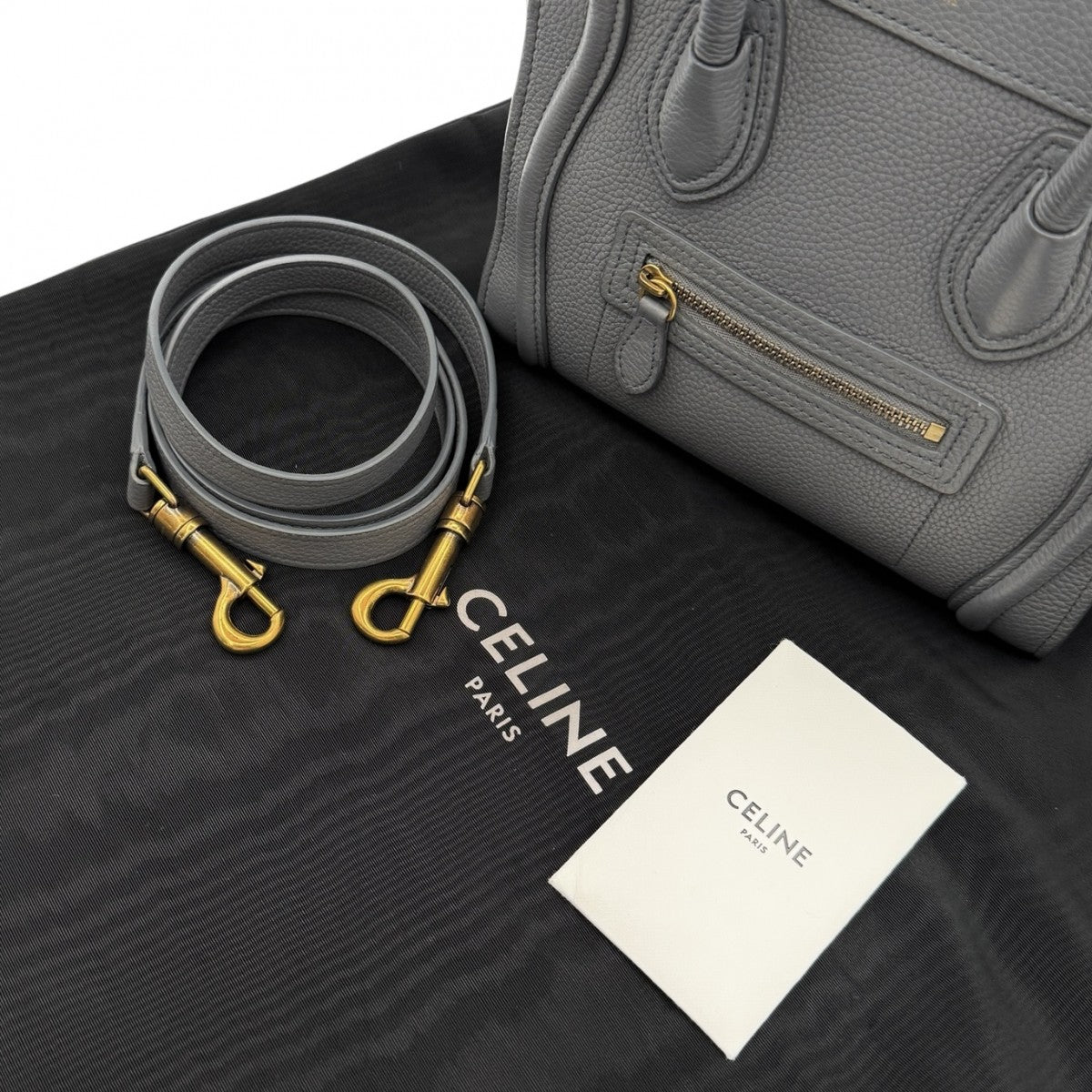 CELINE CELINE Luggage nano Nano luggage Luggage nano Bag, Tote Bag, Shoulder Bag, Drumped Calfskin, Gray, Gold Metal Fittings