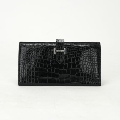 HERMES 헤르메스 Bearn classique Bearn classic 지갑 롱 지갑 롱 지갑 악어 악어 악어 검은 실버 메탈 피팅 이국