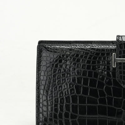 HERMES 헤르메스 Bearn classique Bearn classic 지갑 롱 지갑 롱 지갑 악어 악어 악어 검은 실버 메탈 피팅 이국