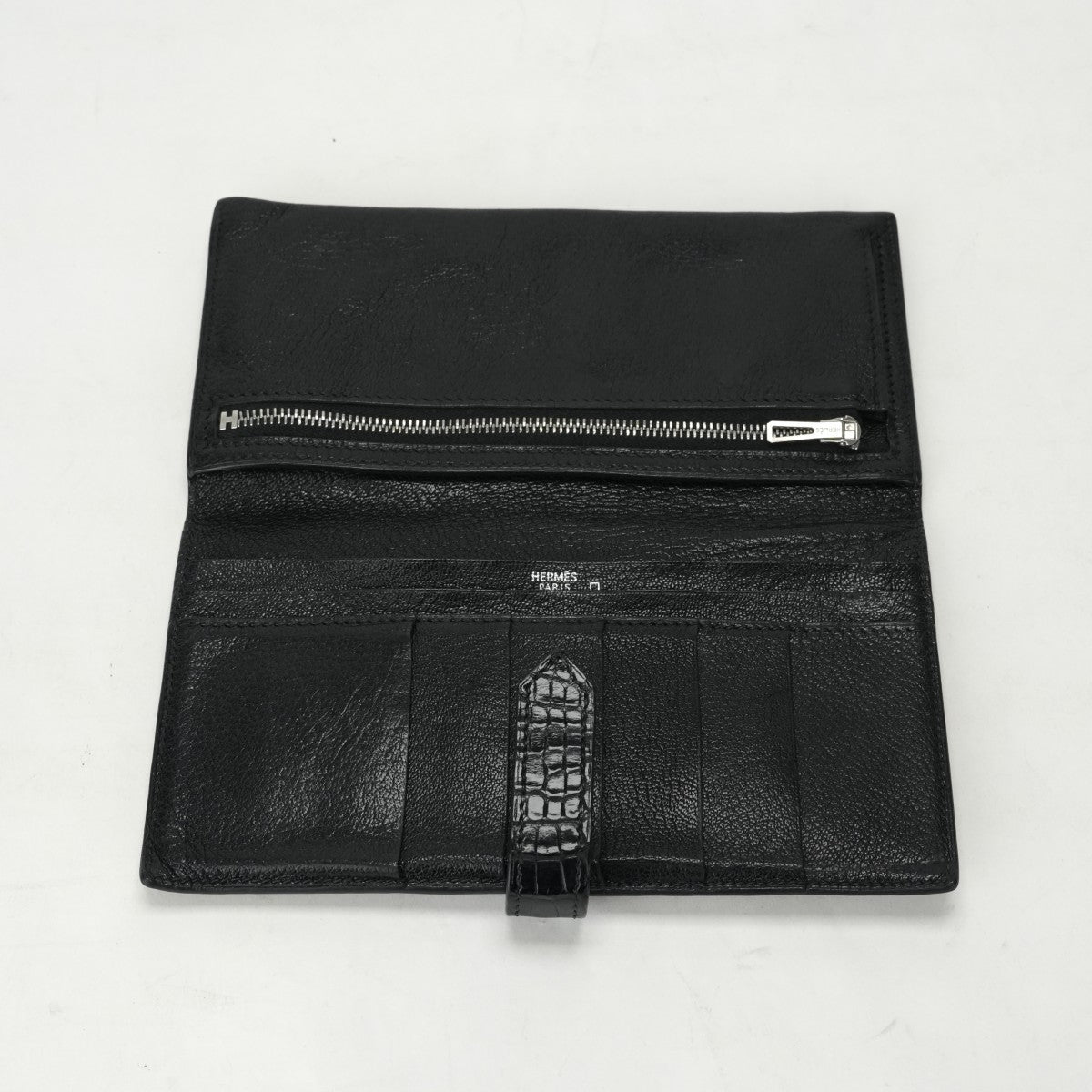 HERMES 헤르메스 Bearn classique Bearn classic 지갑 롱 지갑 롱 지갑 악어 악어 악어 검은 실버 메탈 피팅 이국