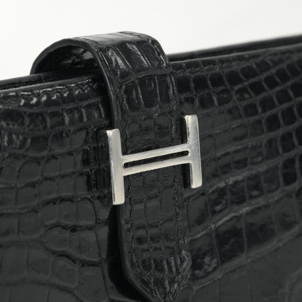 HERMES 헤르메스 Bearn classique Bearn classic 지갑 롱 지갑 롱 지갑 악어 악어 악어 검은 실버 메탈 피팅 이국