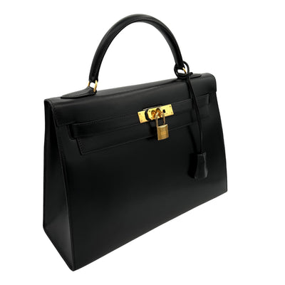 HERMES 헤르메스 Kelly 32 Kelly 32 가방, 토트 백, 상자 송아지, 느와르, 검은 색, 금 피팅