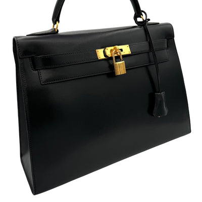 HERMES 헤르메스 Kelly 32 Kelly 32 가방, 토트 백, 상자 송아지, 느와르, 검은 색, 금 피팅