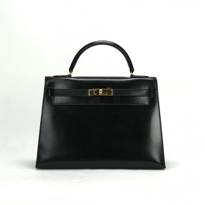 HERMES 헤르메스 Kelly 32 Kelly 32 가방, 토트 백, 상자 송아지, 느와르, 검은 색, 금 피팅