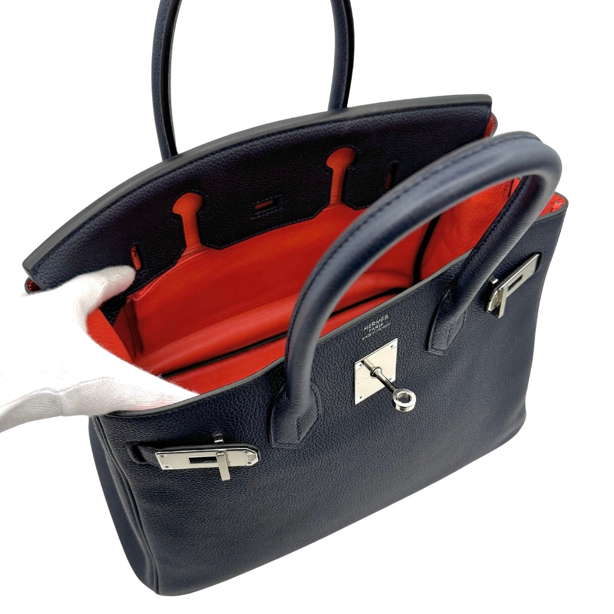 HERMES HERMES Birkin 30 Birkin 30 Bag, Tote Bag, Togo, Blue Nuit, Orange Poppy, Navy, Orange, Silver Hardware Verso Bicolor