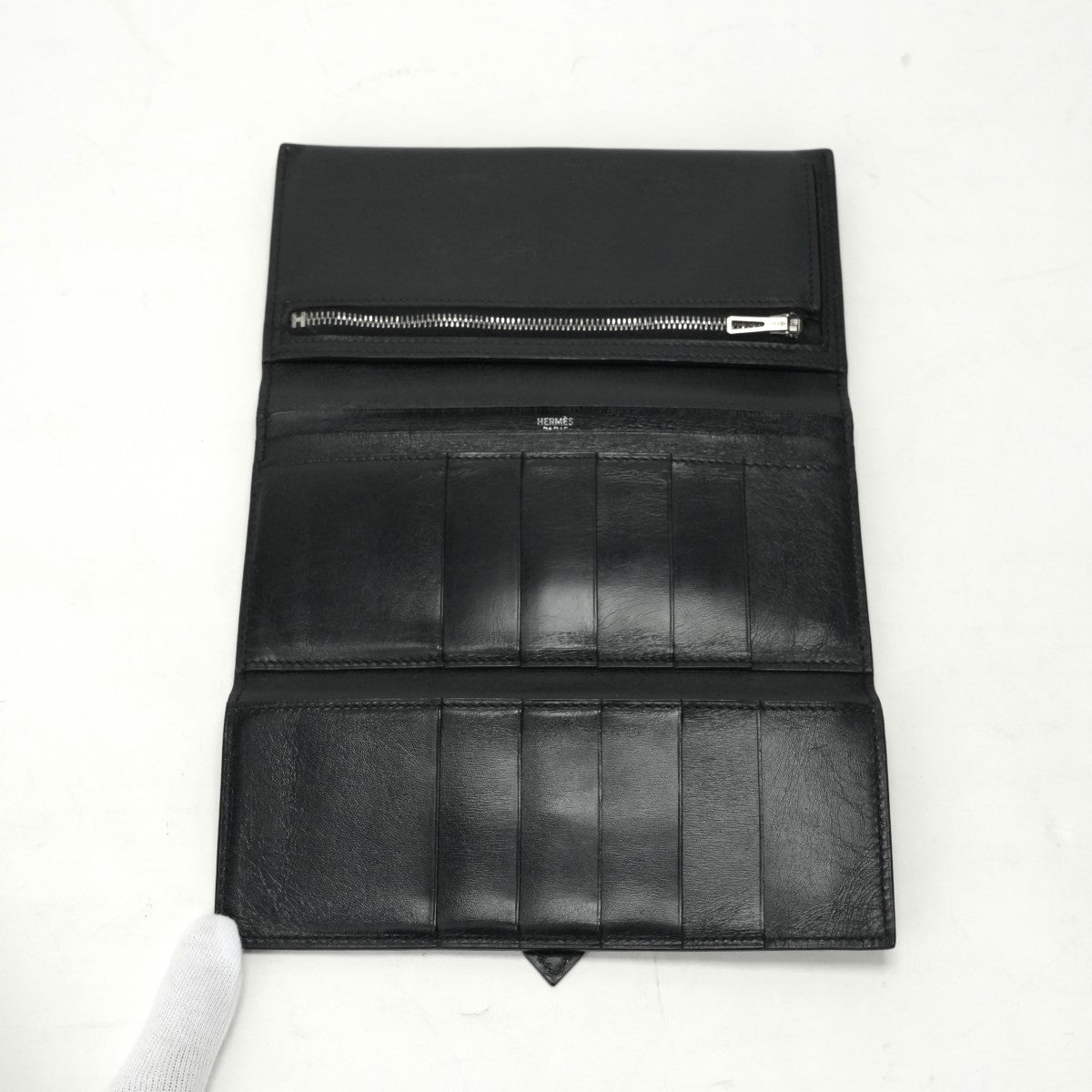 HERMES HERMES Bearn dupli Bearn dupli Wallet Long Wallet Long Wallet Box Calf Noir Black Silver Metal Fittings Tri-fold