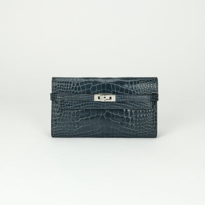 エルメス HERMES ケリーウォレット ケリーウォレットロング 財布 長財布 ロングウォレット アリゲーター クロコダイル ブルー 青 シルバー金具