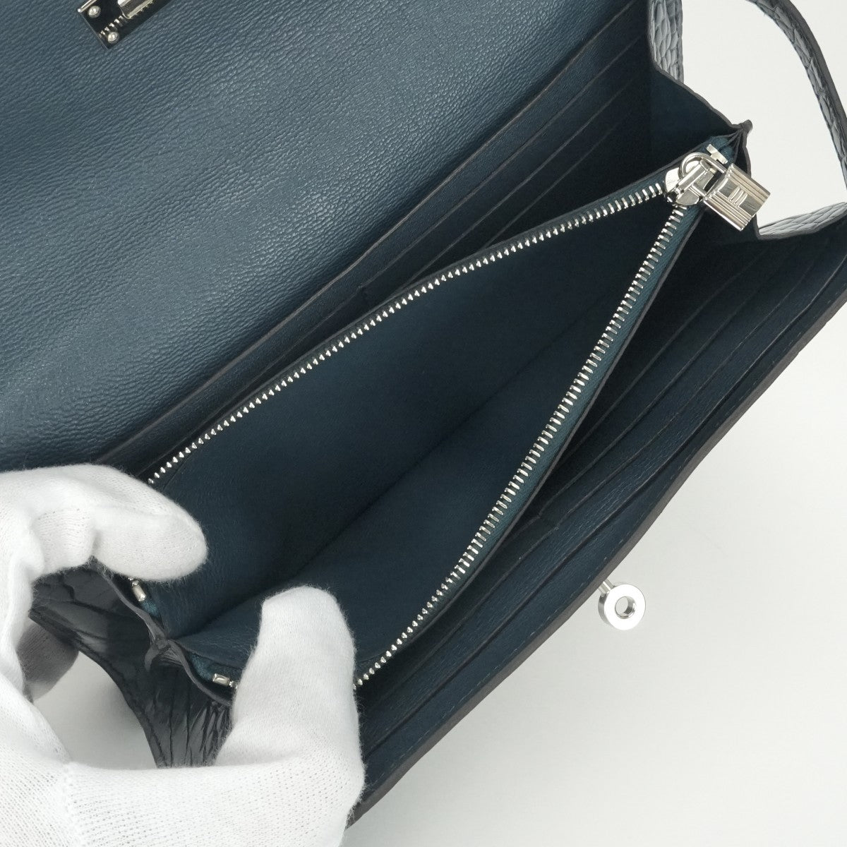 エルメス HERMES ケリーウォレット ケリーウォレットロング 財布 長財布 ロングウォレット アリゲーター クロコダイル ブルー 青 シルバー金具