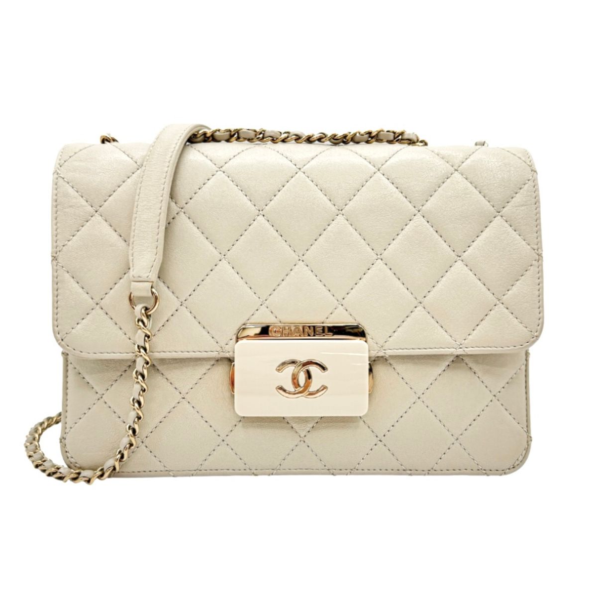 CHANEL 香奈儿 Beauty lock Matelass? 袋肩袋羊羊皮轻米色金色五金连锁肩袋 W chain Single flap S襟翼 Double chain 可可标记