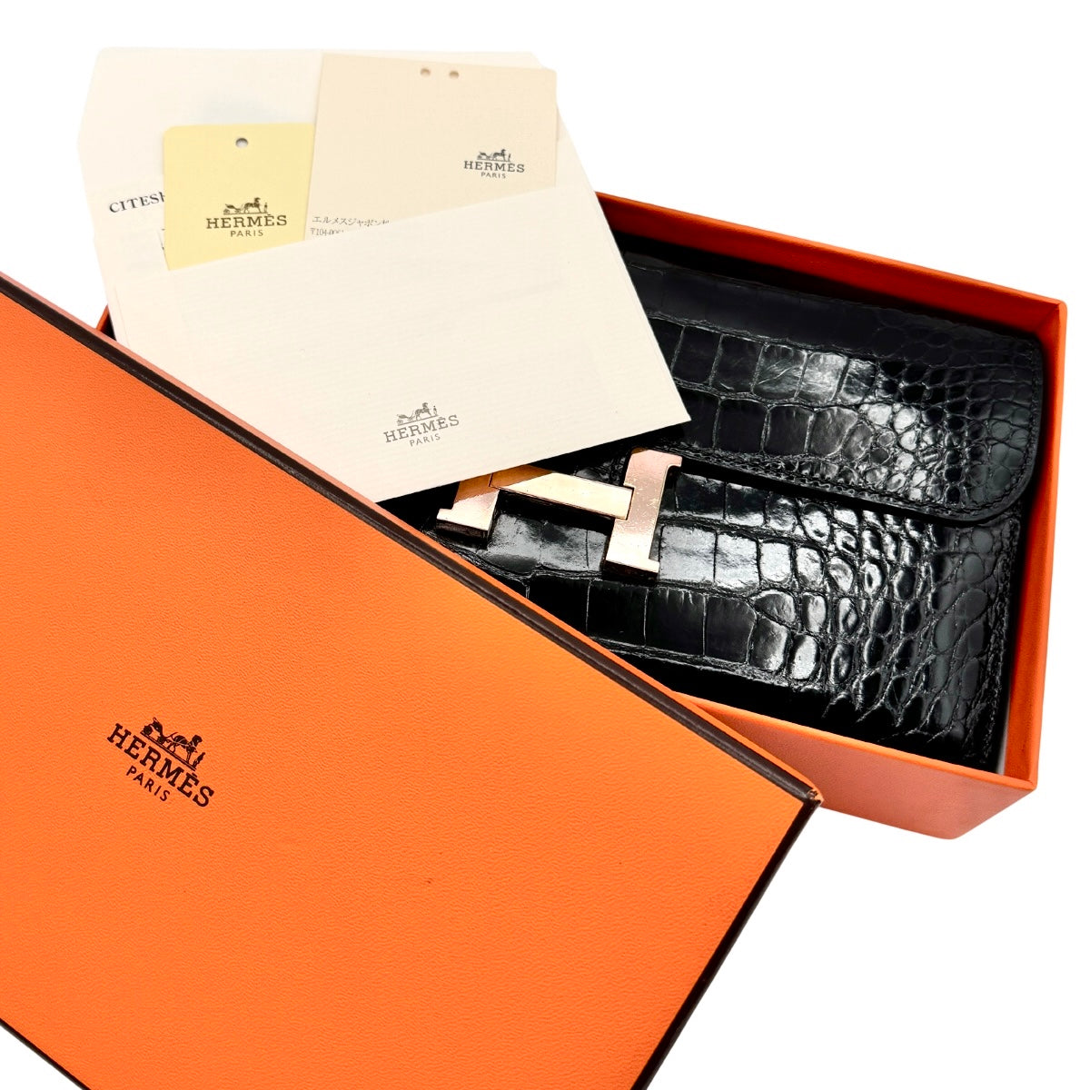 エルメス HERMES コンスタンスロング コンスタンス ロング 財布 長財布 ロングウォレット アリゲーター クロコダイル ノワール ブラック 黒 ローズゴールド金具 エキゾチック