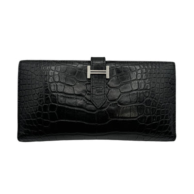 HERMES HERMES B?arn soufflet Bearn soufflet Wallet Long Wallet Long Wallet Alligator Crocodile Noir Black Silver Metal Fitting Exotic