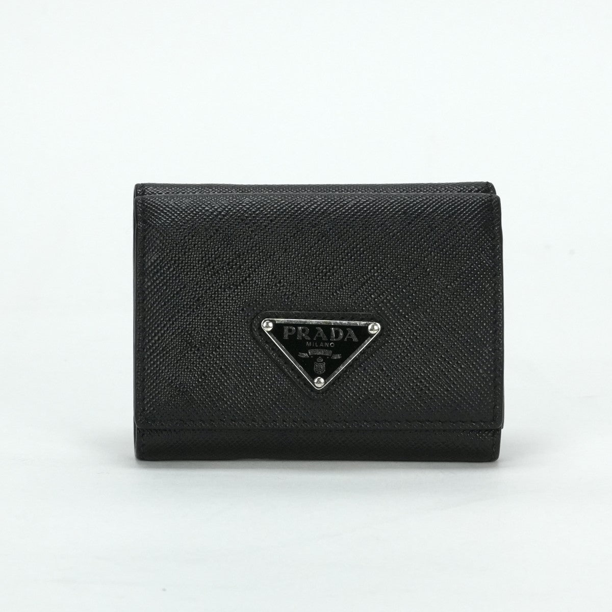 PRADA PRADA Triangle logo Saffiano wallet, trifold wallet, mini wallet, mini wallet, leather, black, silver hardware, folding wallet, compact wallet