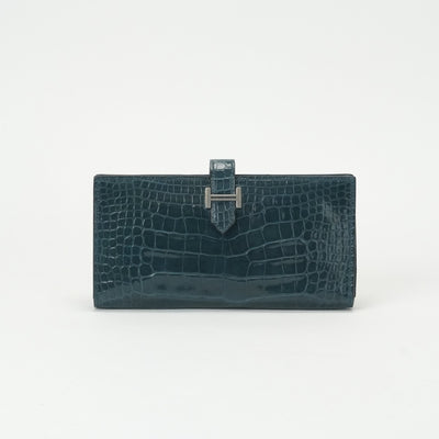 エルメス HERMES ベアンスフレ ベアン スフレ 財布 長財布 ロングウォレット アリゲーター クロコダイル コルヴェール ブルー 青 シルバー金具