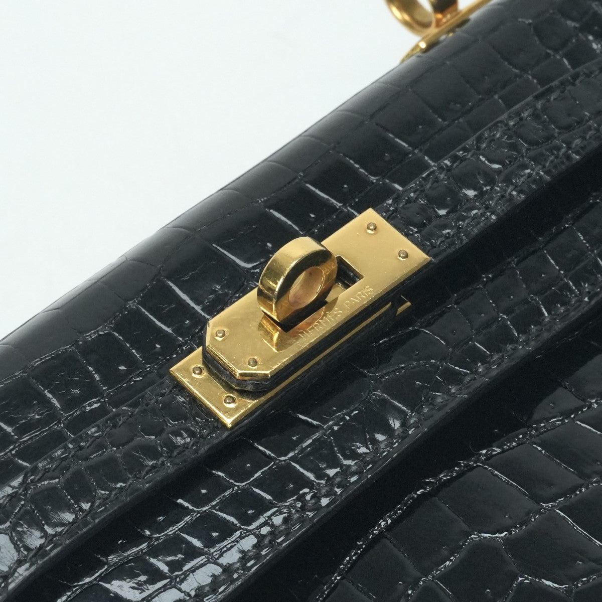 HERMES 爱马仕 Kelly 20 Kelly 20 袋，手提袋，肩膀袋，鳄鱼，鳄鱼，黑色，黑色，金色配件