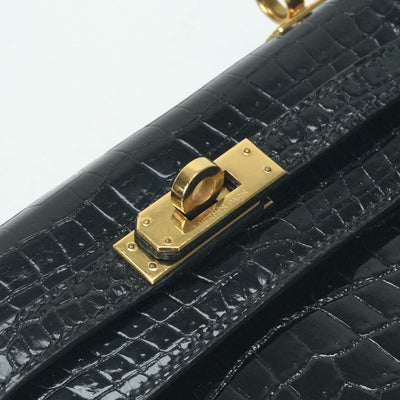 HERMES 爱马仕 Kelly 20 Kelly 20 袋，手提袋，肩膀袋，鳄鱼，鳄鱼，黑色，黑色，金色配件