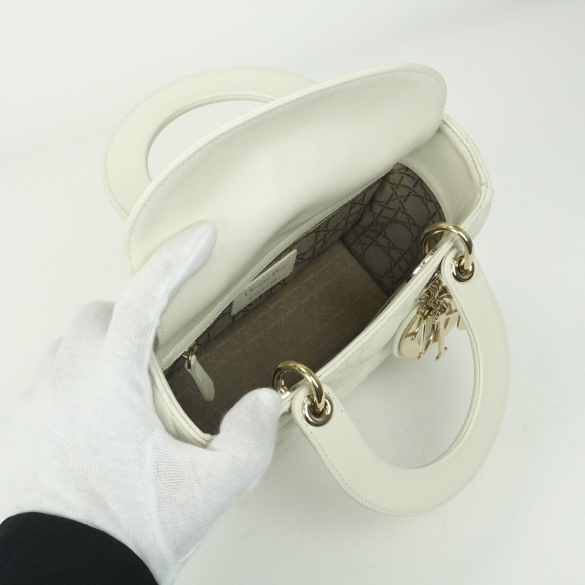 クリスチャンディオール CHRISTIAN DIOR レディディオール スモール LADY DIOR MY ABCDIOR MYABC カナージュバッグ バッグ トートバッグ ショルダーバッグ ラムスキン ホワイト 白 ゴールド金具