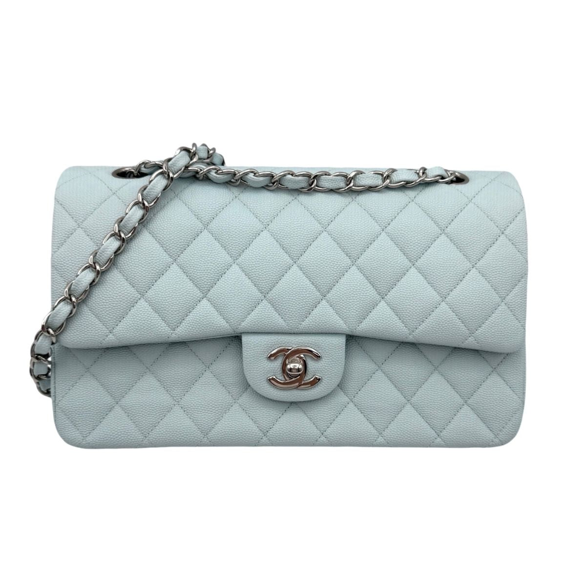 CHANEL 香奈儿 Matelasse 25 Double flap W襟翼 Double chain W chain 袋肩袋鱼子酱皮肤浅蓝色蓝色浅蓝色银色金属配件链肩袋可可标记转弯锁