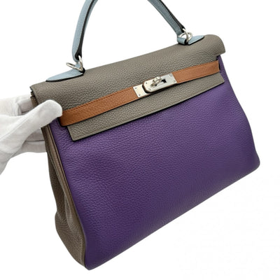 HERMES 헤르메스 Kelly 32 Kelly 32 arlequin 가방, 토트 가방, 숄더백, 토릴론 클레멘스, 울트라 바이올렛, 에탄, 블루 런, 금, etoop, 파란색, 파란색 보라색, 회색, 갈색, 보라색, 파란색, 갈색, 은색 피팅