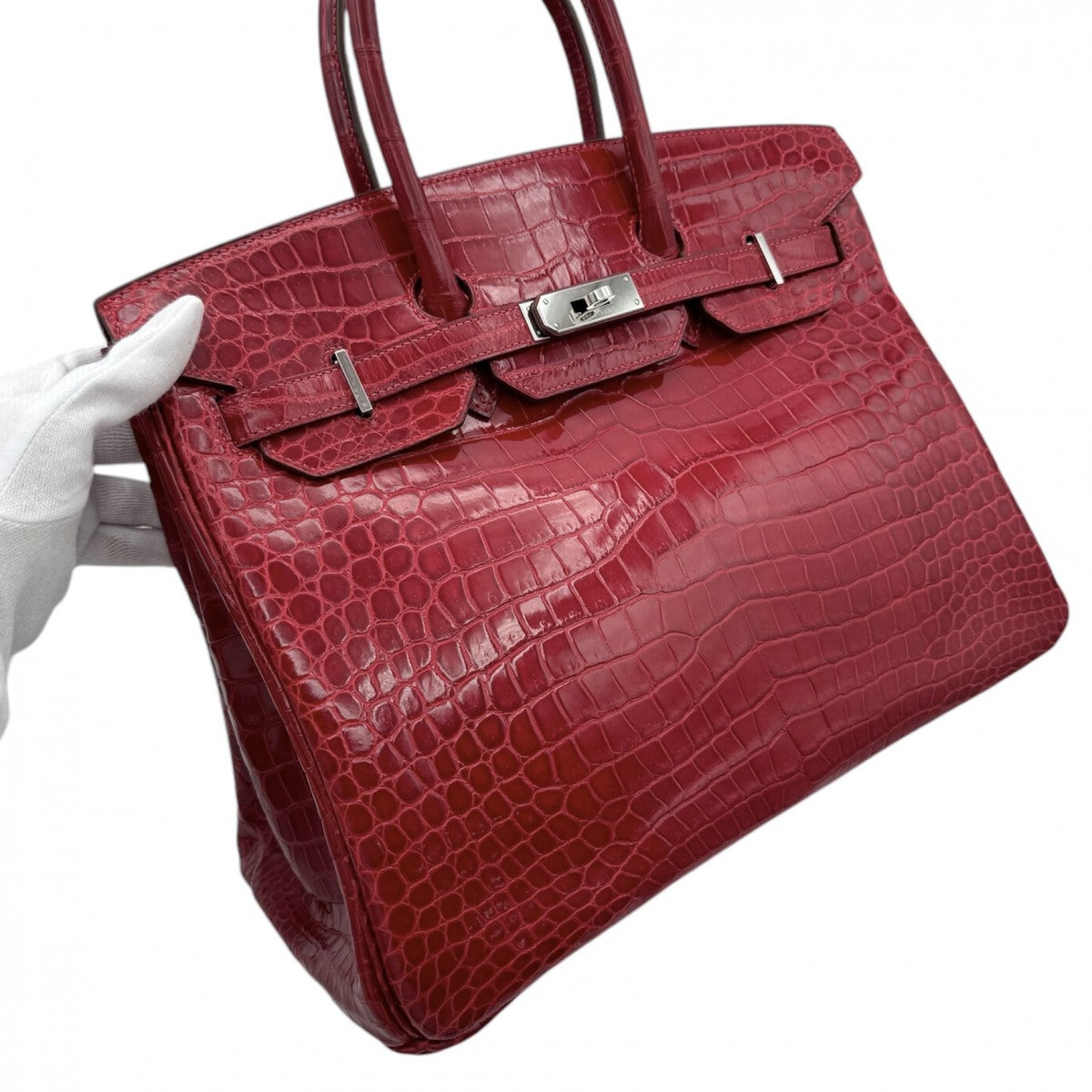 HERMES 헤르메스 Birkin 35 Birkin 35 가방, 토트 백, 폴로여, 악어, 불꽃, 빨간색, 빨간색, 은색 피팅, 이국어