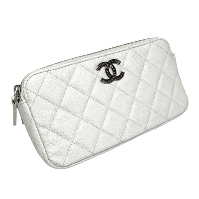 CHANEL CHANEL Matelass? Coco mark logo Wallet, long wallet, long wallet, caviar skin, white, silver hardware, chain wallet, WOC wallet, long wallet, Coco mark