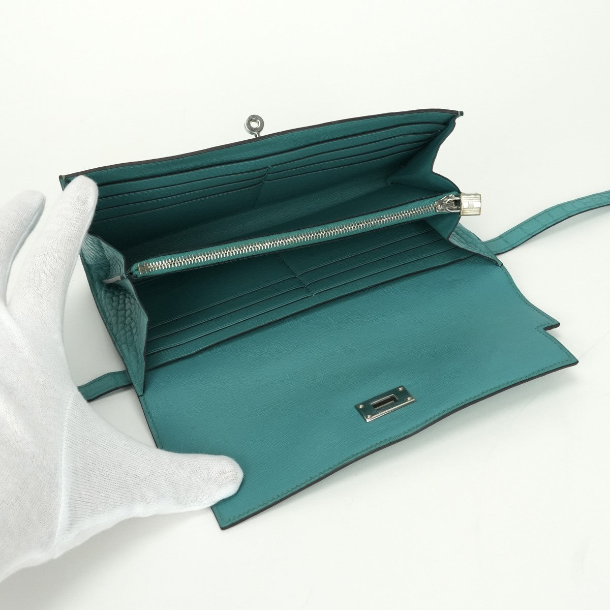 HERMES 헤르메스 Kelly wallet Kelly wallet long 지갑 롱 지갑 롱 지갑 악어 마트 악어 블루 파란색 블루 그린 그린 그린 실버 메탈 피팅 이국