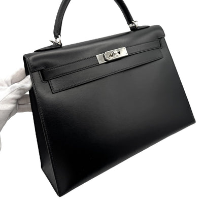 HERMES 헤르메스 Kelly 32 Kelly 32 가방, 토트 백, 숄더 백, 상자 송아지, 누아르, 검은 색, 실버 하드웨어