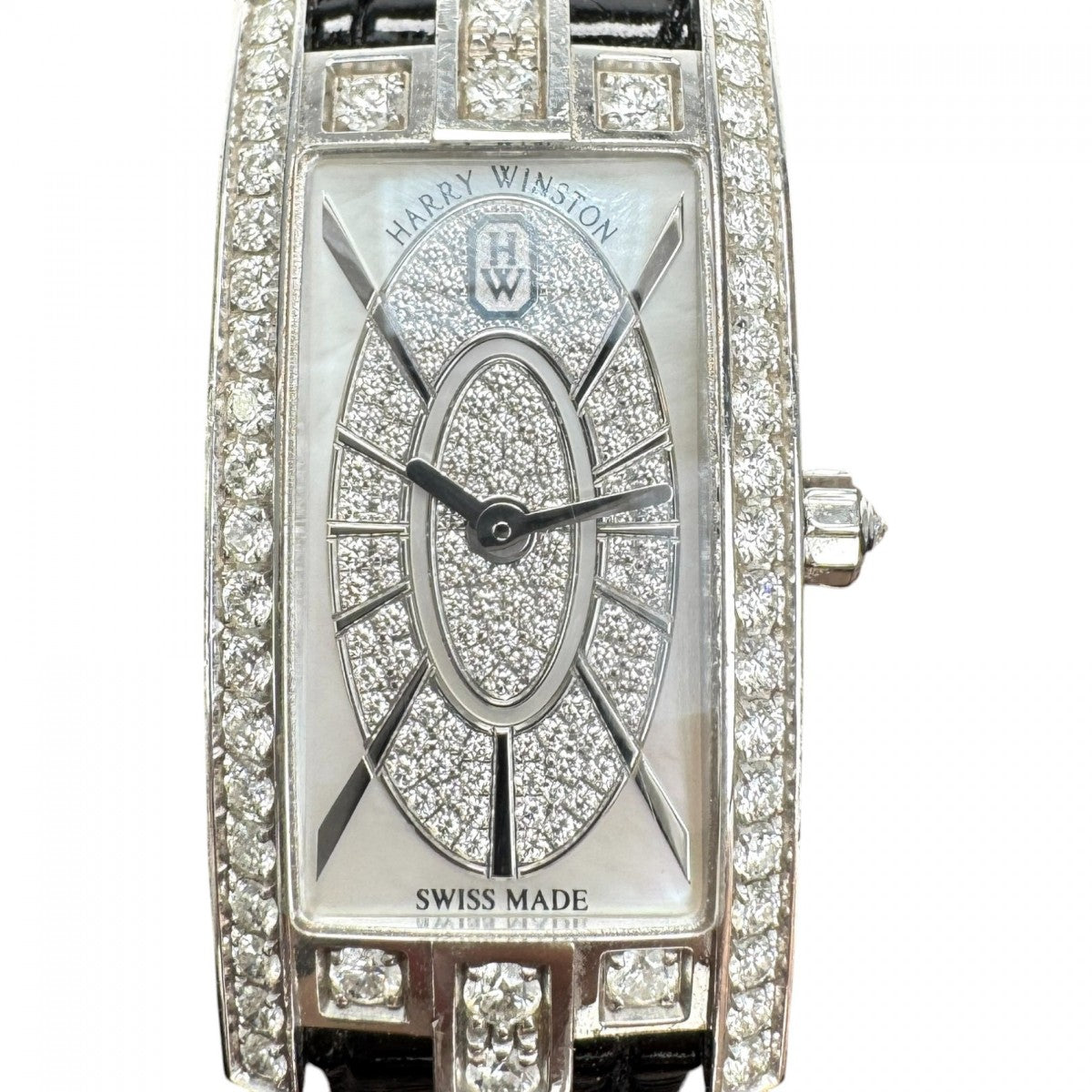 HARRY WINSTON Harry Winston Avenue C 미니 타원 시계 시계 시계 750wg/가죽 18k 화이트 골드 750wg 골드 케이스 다이아몬드